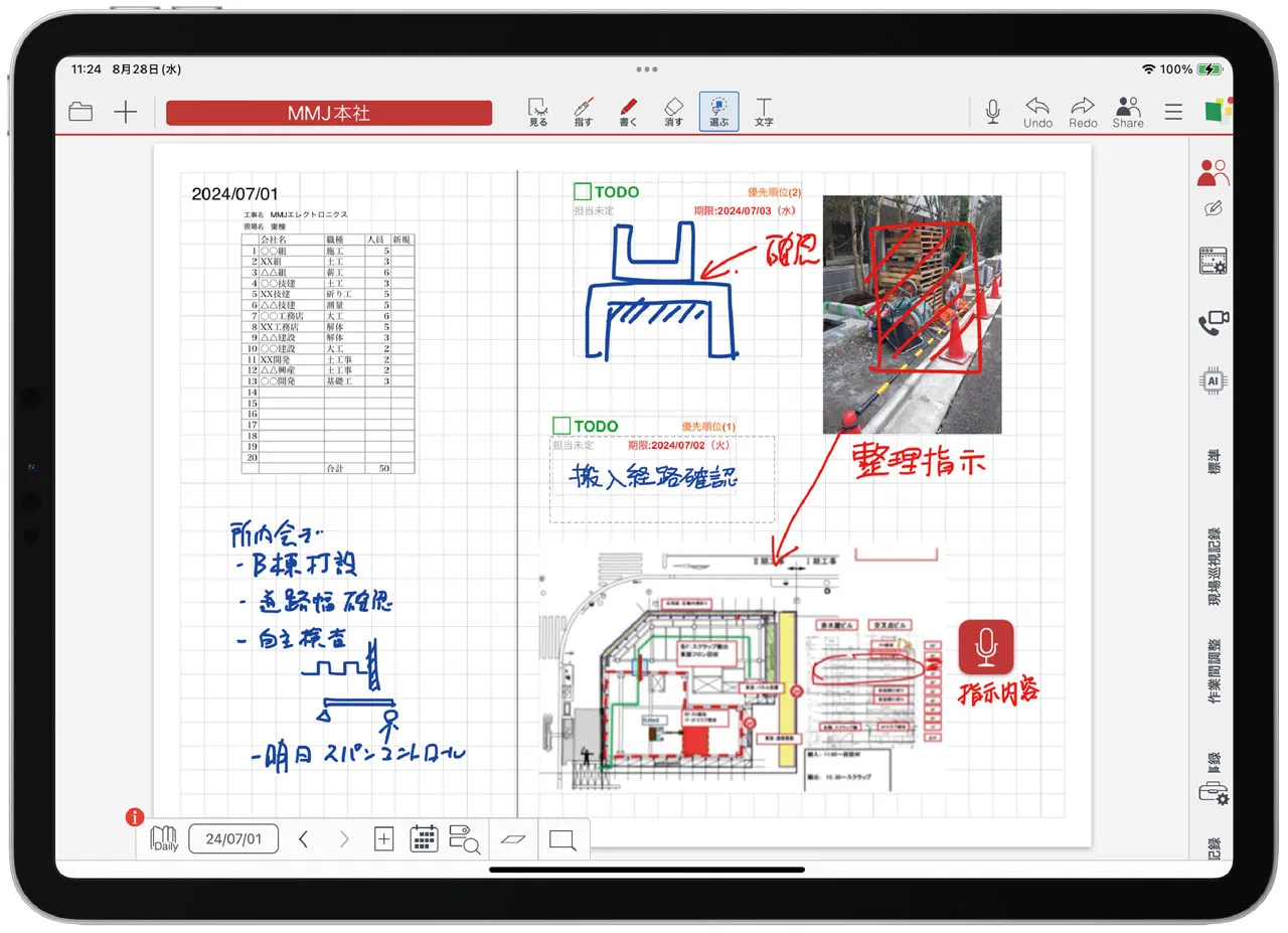 手書きメモに写真・図面・指示を書き込んだノート画面(画像出典:eYACHO公式)