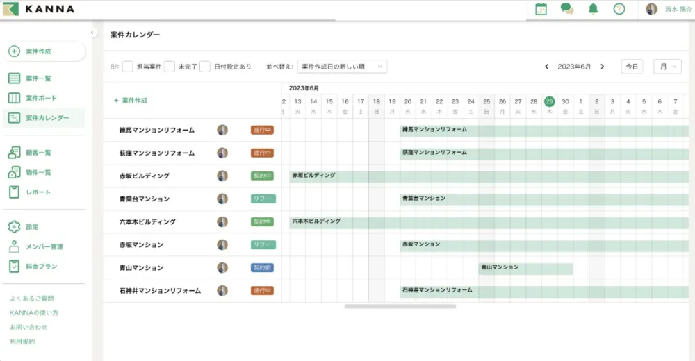 KANNAの案件カレンダー画面。複数の案件スケジュールを一覧で確認可能